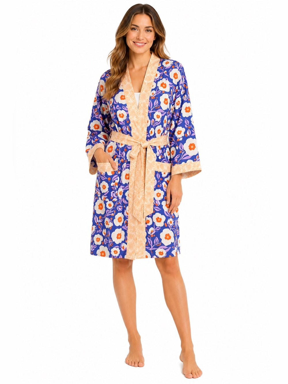 Paper‎ Source Floral Cotton Kimono Robe Blue Orange Belted Lounge boho Cover